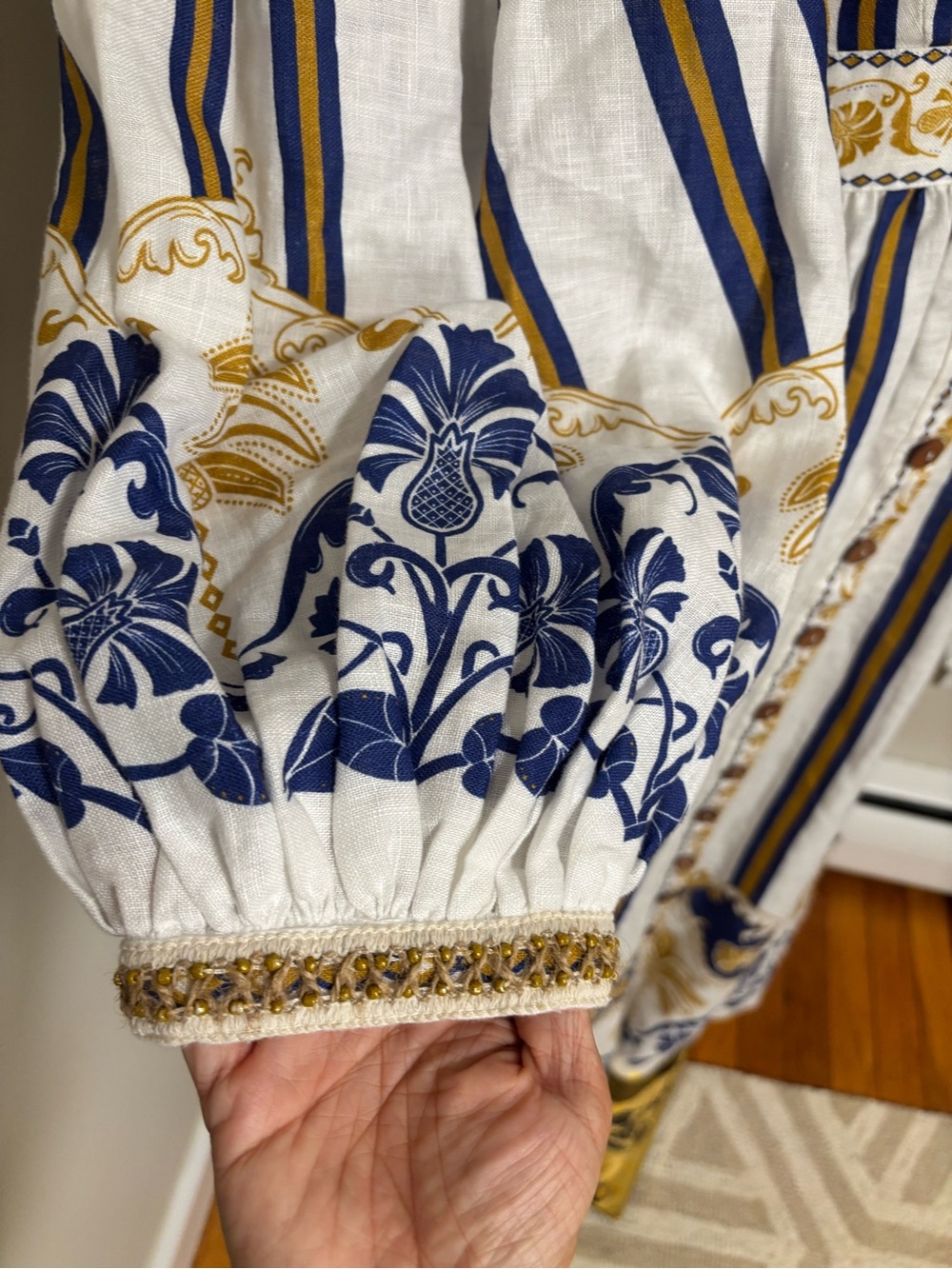 Farm Rio Pineapple Linen Midi Dress Blue Gold Embroidered Puff Sleeve Small NWT - Picture 8 of 14